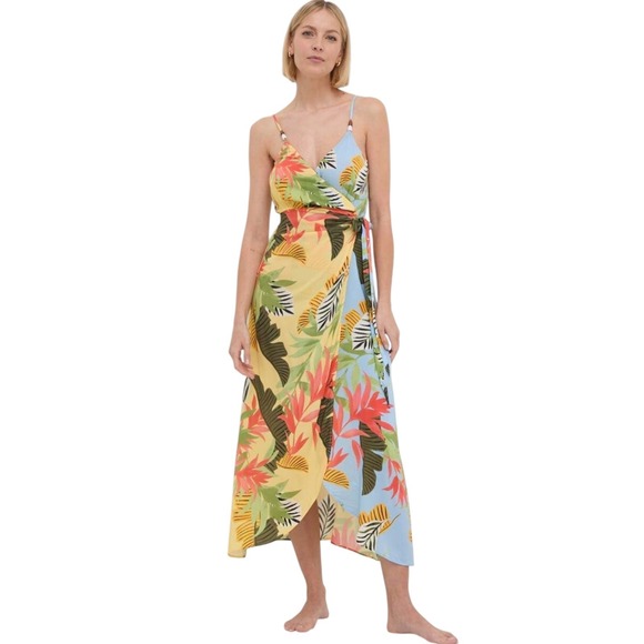 Desigual Dresses & Skirts - Desigual Tropical Floral Wrap Midi Dress Yellow Boho Resort Beach Vacation M